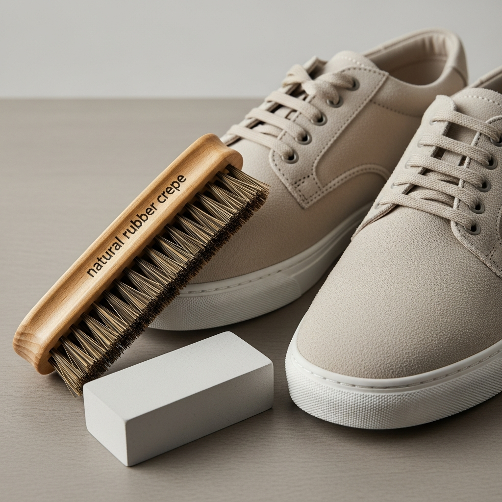 Brosse en crêpe et gomme à daim posées à côté de chaussures en daim beige